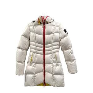 KJUS Women Goose Down Puffer Jacket Ski White Pink & Green Accents Sz S Outdoors